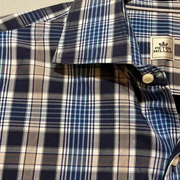 Peter Millar| long sleeve button down plaid shirt in blue, tan and white mens M - Picture 3 of 8